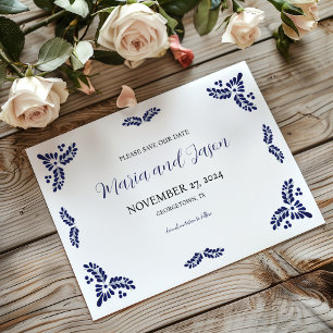Mexican Talavera Blue Floral Minimalistisch Weddin Save The Date