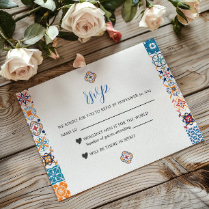 Mexican Talavera Colorful Floral Fiesta Wedding RSVP Karte