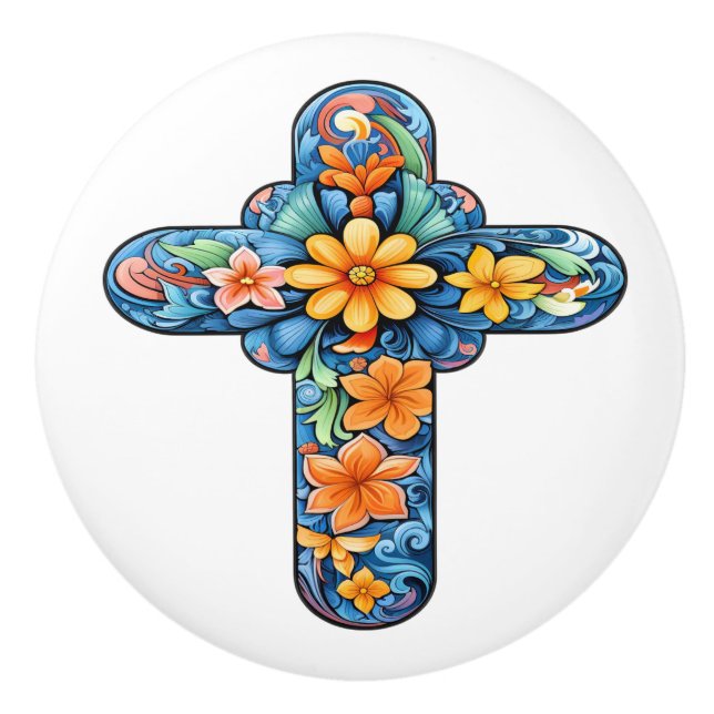 Mexican Talavera Cross Ceramic Knob Keramikknauf (Vorderseite)