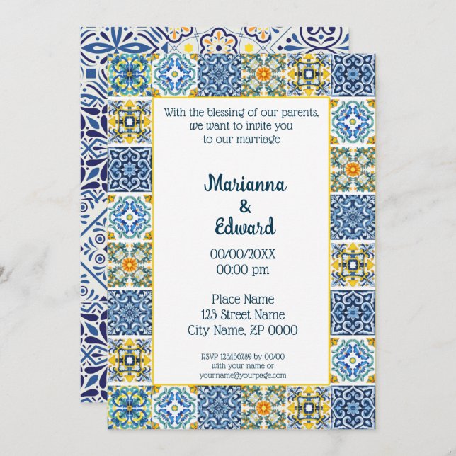 Mexican Talavera Design Wedding Einladung (Vorne/Hinten)