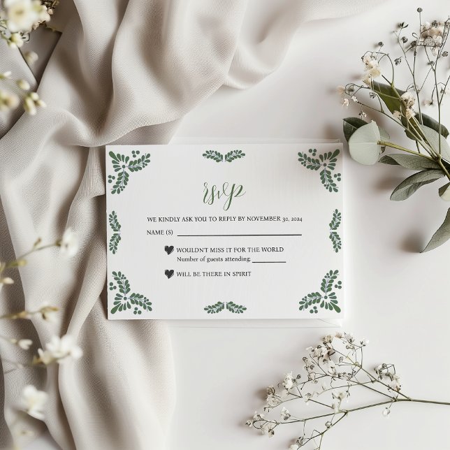 Mexican Talavera Green Floral Minimalist Wedding RSVP Karte (Mexican Talavera Green Floral Minimalist Wedding RSVP Card)