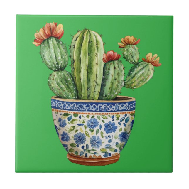 Mexican Talavera Hacienda Style Cactus Tile Fliese (Vorderseite)