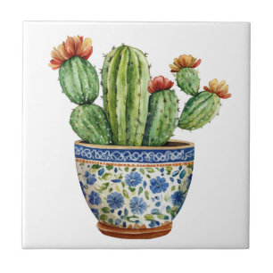 Mexican Talavera Hacienda Style Cactus Tile White Fliese