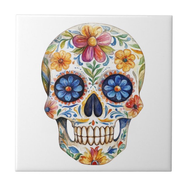 Mexican Talavera Hacienda Style Sugar Skull Tile Fliese (Vorderseite)