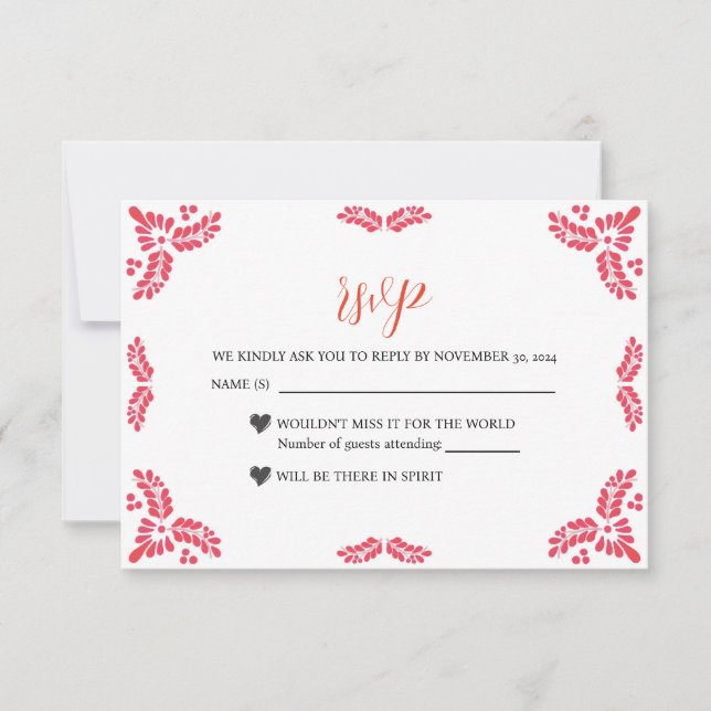 Mexican Talavera Orange Floral Minimalist Wedding RSVP Karte (Vorderseite)