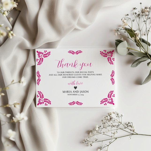 Mexican Talavera Pink Floral Minimalist Wedding Dankeskarte (Mexican Talavera Pink Floral Minimalist Wedding Thank You Card)