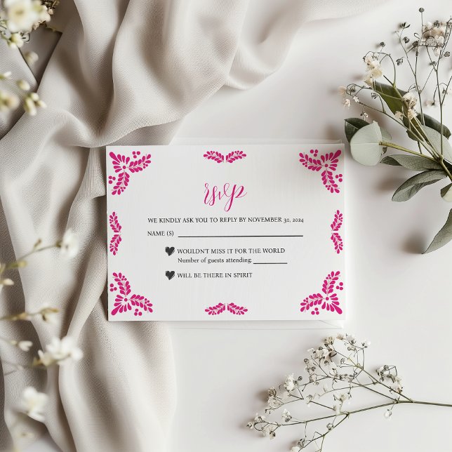 Mexican Talavera Pink Floral Minimalist Wedding RSVP Karte (Mexican Talavera Pink Floral Minimalist Wedding RSVP Card)