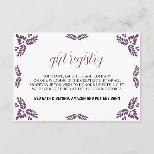 Mexican Talavera Purple Floral Minimalist Wedding Begleitkarte (Vorderseite)