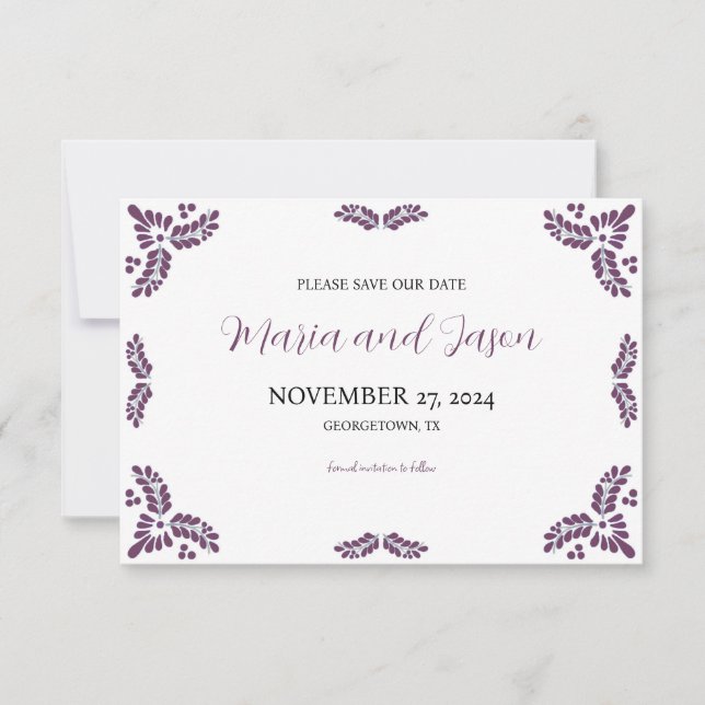 Mexican Talavera Purple Floral Minimalist Wedding Save The Date (Vorderseite)