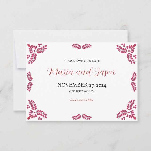 Mexican Talavera Red Floral Minimalist Wedding Save The Date (Vorderseite)