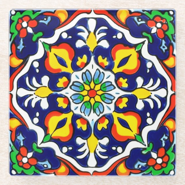 Mexican Talavera Terracotta Tile Design Nr. 3 Glasuntersetzer (Vorderseite)