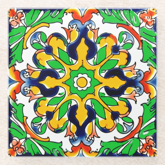 Mexican Talavera Terracotta Tile Design Nr. 4 Glasuntersetzer (Vorderseite)