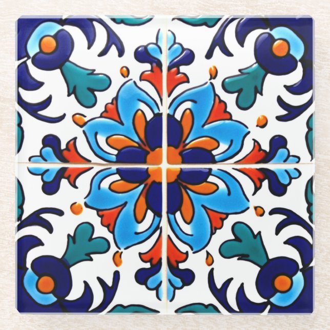 Mexican Talavera Terracotta Tile Design Nr. 9 Glasuntersetzer (Vorderseite)