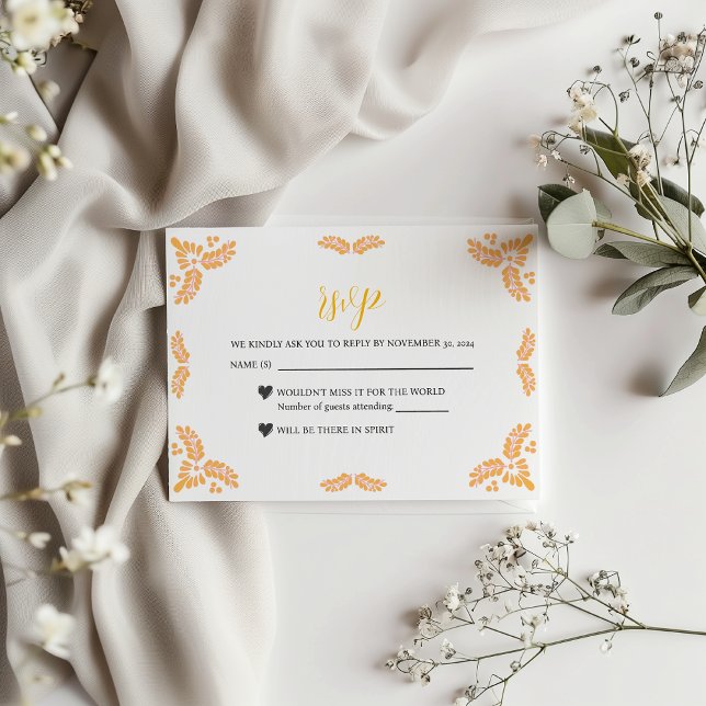 Mexican Talavera Yellow Floral Minimalist Wedding RSVP Karte (Mexican Talavera Yellow Floral Minimalist Wedding RSVP Card)