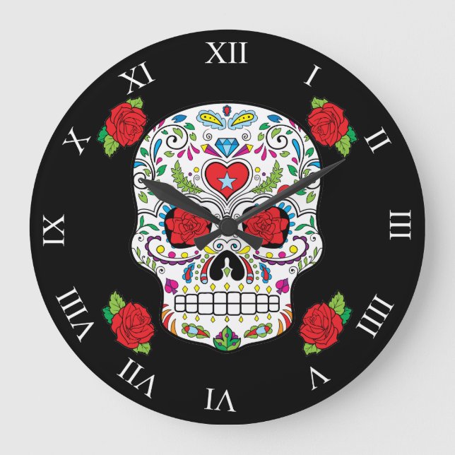 Mexican Tattoo Sugar Skull and Red Roses Große Wanduhr (Vorderseite)