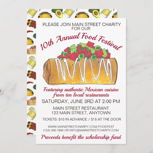 Mexican Tex Mex Food Festival Chimichanga Einladung (Vorne/Hinten)