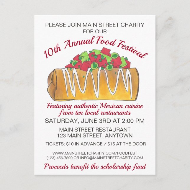 Mexican Tex Mex Food Festival Chimichanga Einladungspostkarte (Vorderseite)