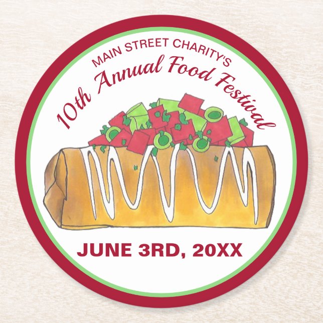 Mexican Tex Mex Food Festival Chimichanga Runder Pappuntersetzer (Vorderseite)