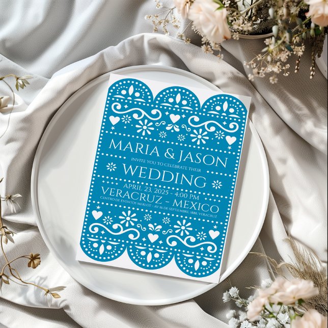 Mexican Turquoise Papel Picado Folk Art Wedding Einladung (Mexican Turquoise Papel Picado Folk Art Wedding Invitation)