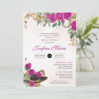 Mexicana Mariachi Charra Magenta Rose Quinceanera Einladung