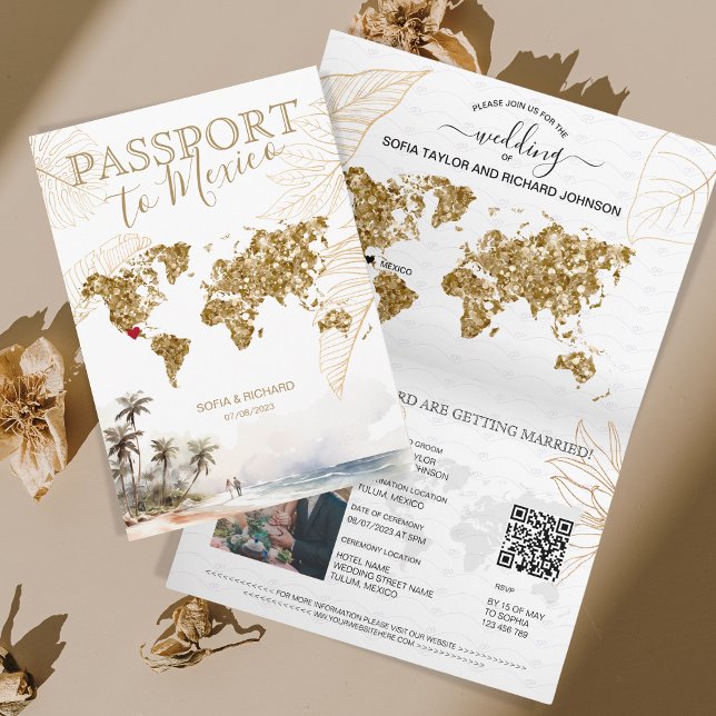 Mexico Beach Hochzeit in Urlaubsort Passport QR Co Einladung (beach golden glitter world map)