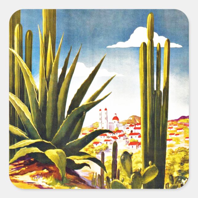 Mexico Cactus Vintage Travel Quadratischer Aufkleber (Vorderseite)