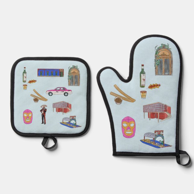 Mexico City Aquarell Oven Mitt & Pot Holder Set (Vorderseite)