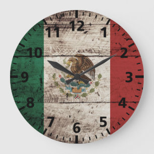 Mexico Flag on Old Wood Grain Große Wanduhr