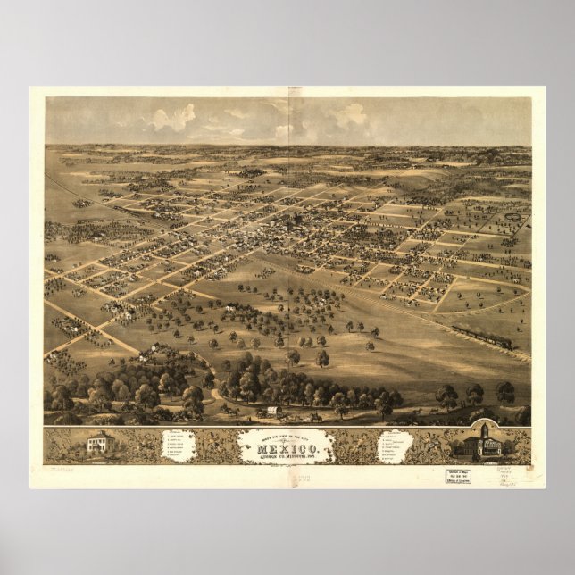 Mexico Missouri 1869 Antique Panorama Karte Poster (Vorne)