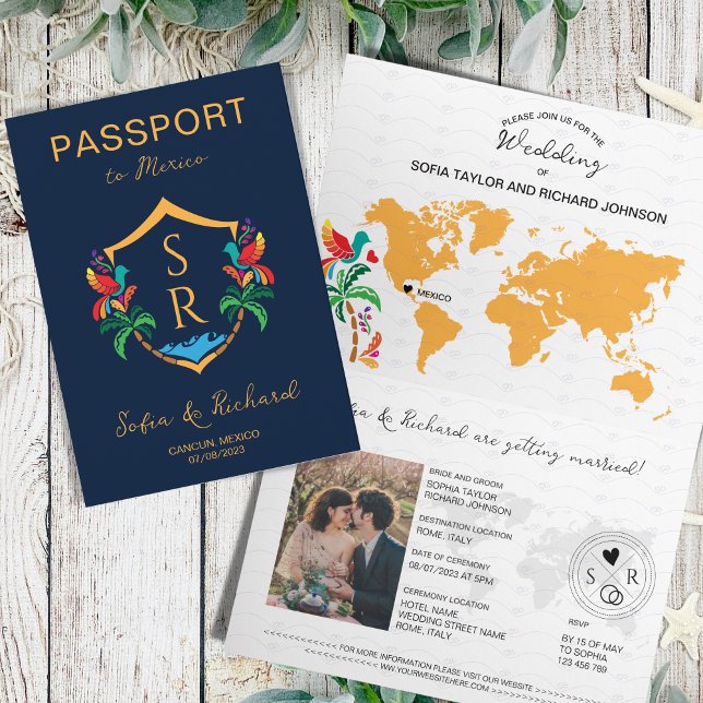 Mexico Wedding Destination Passport Wappen Palm Einladung (Von Creator hochgeladen)