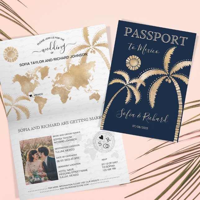 Mexico Wedding Destination Passport Weltkarte Palm Einladung (Von Creator hochgeladen)