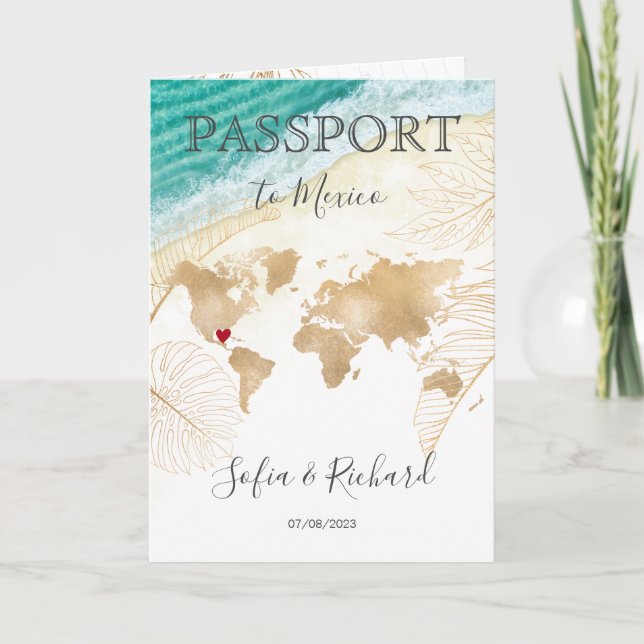 Mexico Wedding Destination Passport World Map Inv Einladung (Vorderseite)