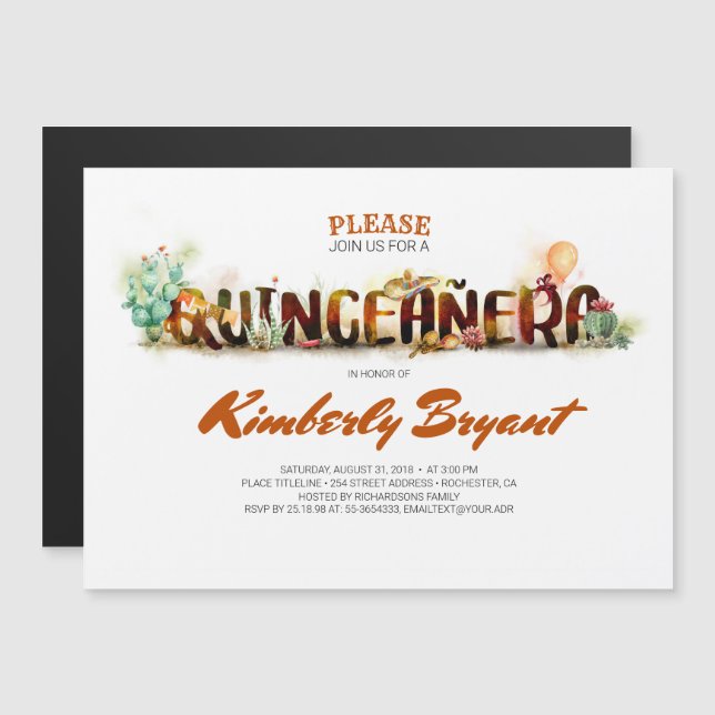 MEXIKAN QUINCEANERA 15. GEBURTSTAG MAGNETEINLADUNG (Vorne/Hinten)