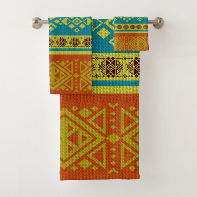 Mexikaner-/Tribal-Artmuster - Orange und Blau Badhandtuch Set (Insitu)