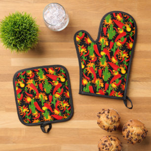 mexikanisch Gewürzküche, Chili Paprikaschoten, Fla Ofenhandschuh & Topflappen-Set