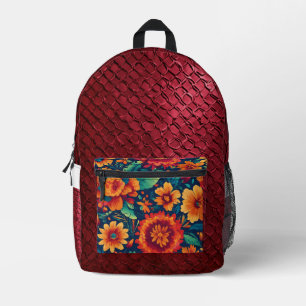 Mexikanisch inspirierte burgunderrote Floral-Print Bedruckter Rucksack