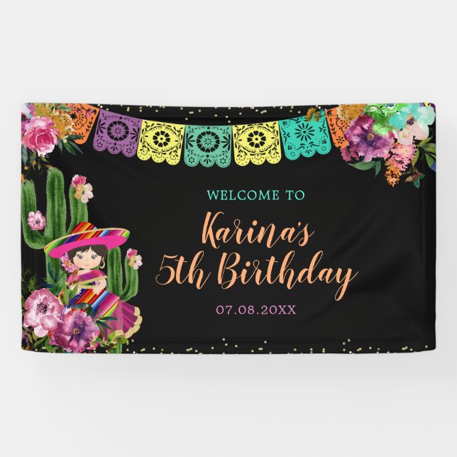 Mexikanisch Schwarz farbenfrohe Fiesta Floral Gebu Banner (Horizontal)