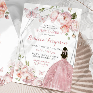 Mexikanisch Silberrosa Blumenprinzessin Quinceañer Einladung