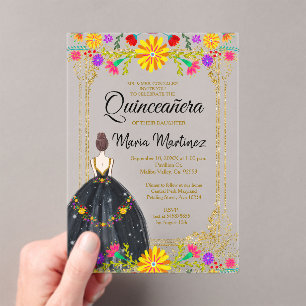 Mexikanische Blume mit Gold Black Quinceñera Acryleinladungen