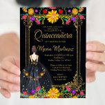 Mexikanische Blume mit Gold Black Quinceñera Einladung<br><div class="desc">Mexikanische Blume mit Gold Black Quinceñera Einladung Mis Quince Anos,  15. Geburtstag, </div>