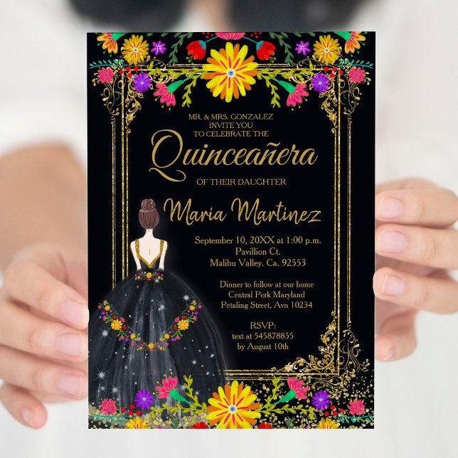 Mexikanische Blume mit Gold Black Quinceñera Einladung (Von Creator hochgeladen)