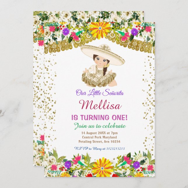 Mexikanische Blume mit Gold Glitzer Geburtstag Einladung (Vorne/Hinten)