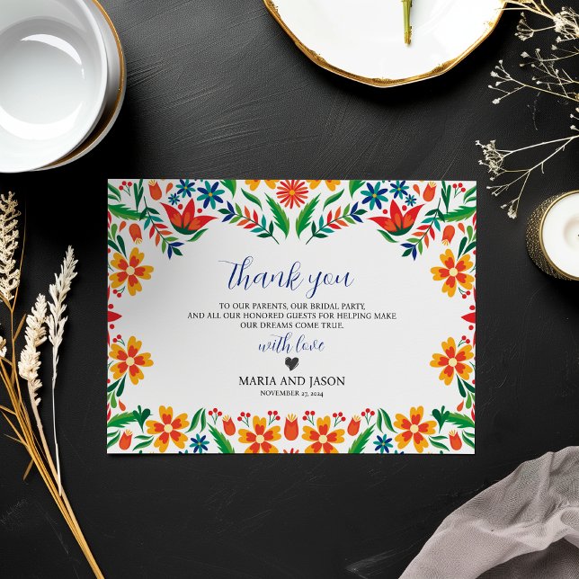 mexikanische Blumenfarben Botanische Blume Hochzei Dankeskarte (Mexican Floral Colorful Botanical Flowers Wedding Thank You Card)