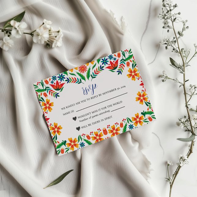 mexikanische Blumenfarben Botanische Blume Hochzei RSVP Karte (Mexican Floral Colorful Botanical Flowers Wedding RSVP Card)