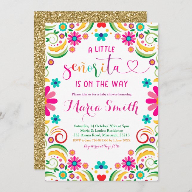 mexikanische Blumenfiesta Kinderdusche Einladung (Vorne/Hinten)