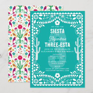 Mexikanische Blumenparty Türkis Drei-esta 3. Gebur Einladung