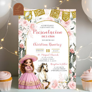 Mexikanische Charra Rosa Florales Mädchen Presenta Einladung