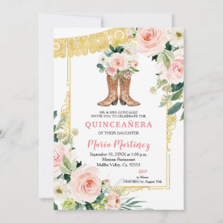 Mexikanische Charro Stiefel Rosa und Gold Quinceañ Einladung
