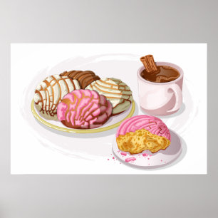 Mexikanische Conchas Pan Dulce & Heißschokoladen-K Poster