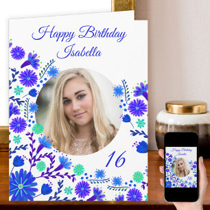 Mexikanische Fiesta Blau Lila Blumen Foto Geburtst Karte